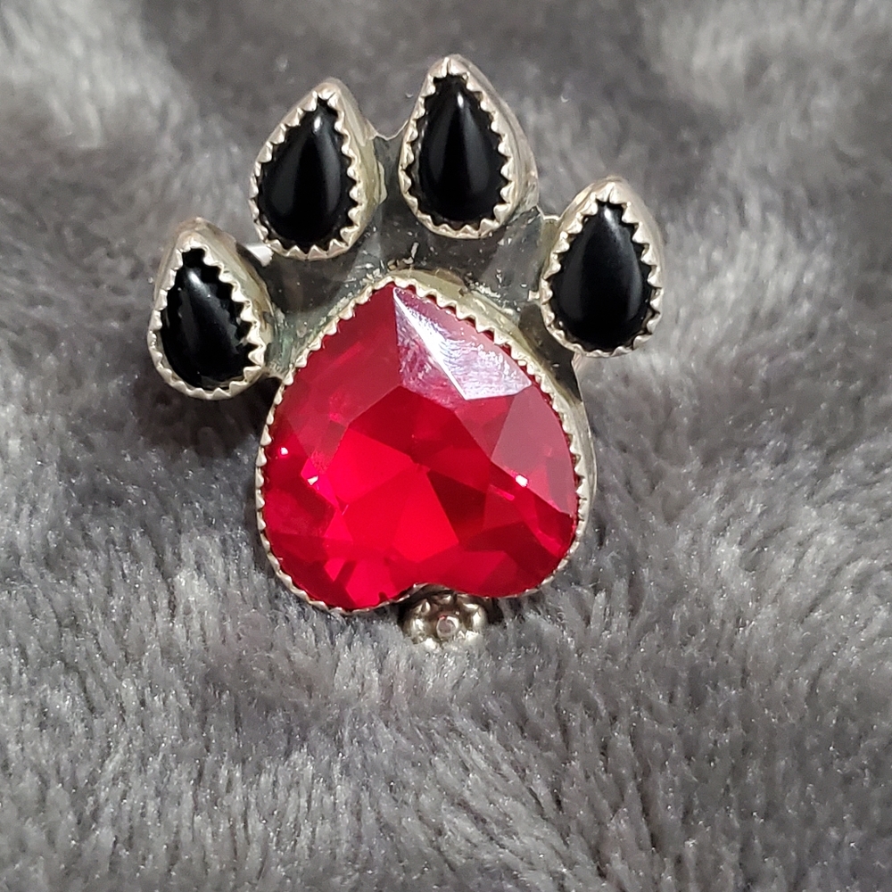 Sterling silver pawprint ring Diamante red glass